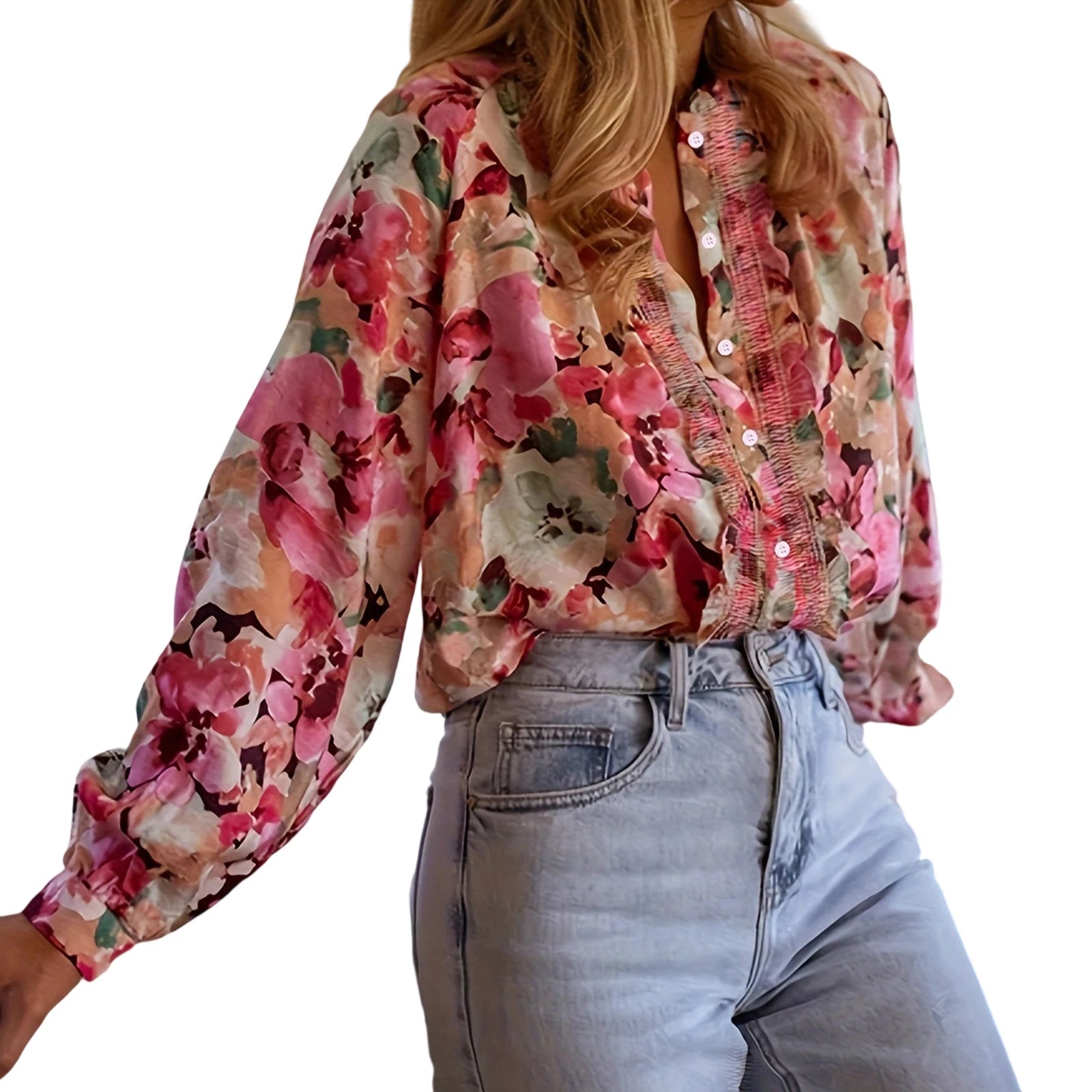 Floral Ruffle Button Blouse